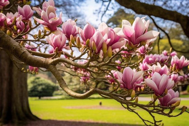 Foto closeup di fiori di magnolia rosa su un albero con rami di albero sullo sfondo