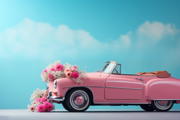 closeup pink old classic car with pink flower on soft blue background with copy space