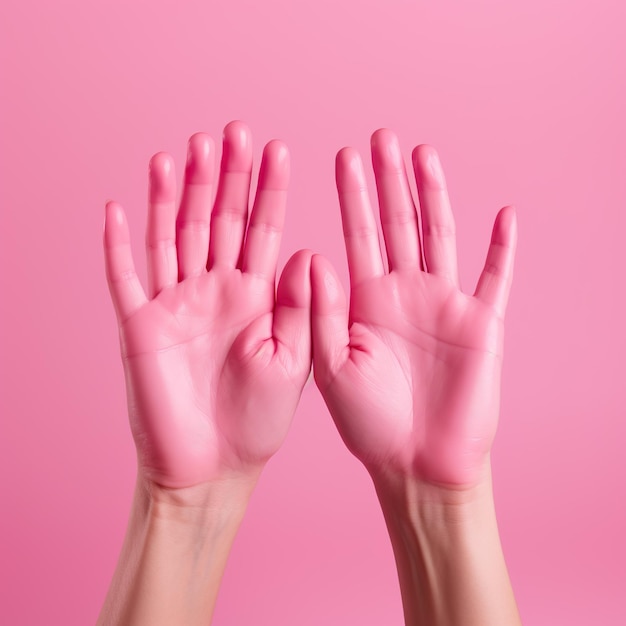 Photo closeup of pink painted arms expressing breast cancer awareness generative ai