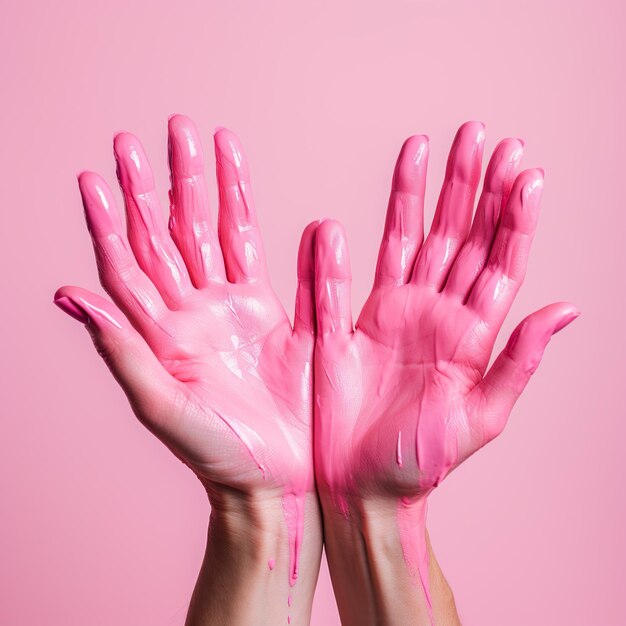 Photo closeup of pink painted arms expressing breast cancer awareness generative ai