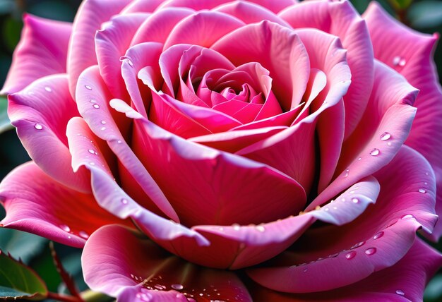 Closeup of a pink rose with clear petal details the center still a bud and droplet on petals