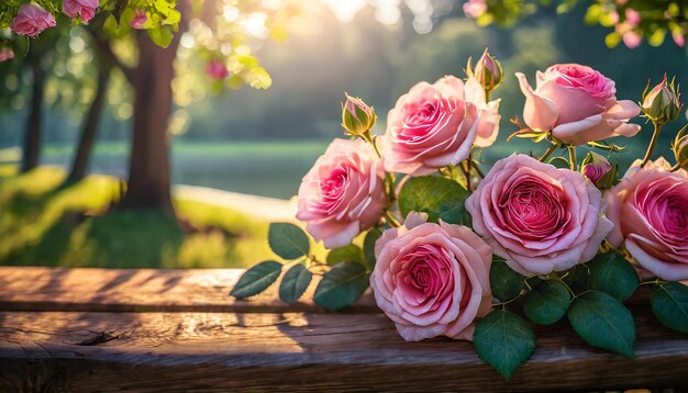 Closeup of pink roses on wooden bench in park Beautiful glowers Spring or summer season