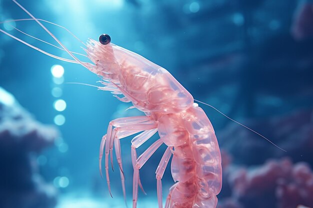 Closeup of a pink shrimp in a marine research Generative ai