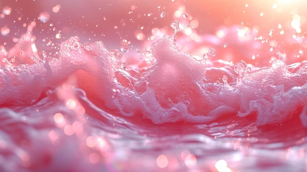 Closeup of pink transparent clear calm water surface texture with splashes and bubbl Generative AI