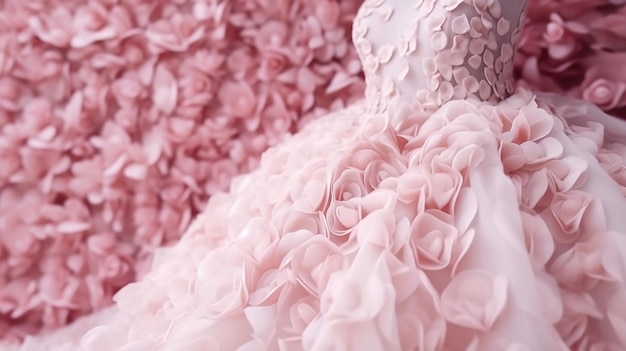 closeup pink wedding dress in bridal salon room