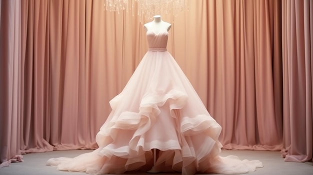 closeup pink wedding dress in bridal salon room