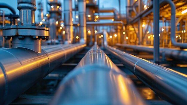 Closeup of a pipeline and pipe rack in a plant for producing ammonia hydrogen chemicals or oil Generative AI