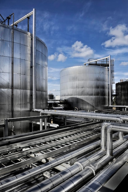 Photo closeup of pipes and tanks for processing crude oil