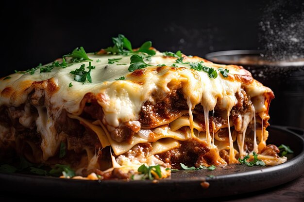 Foto primo piano di lasagne bollenti con formaggio che trasuda fuori