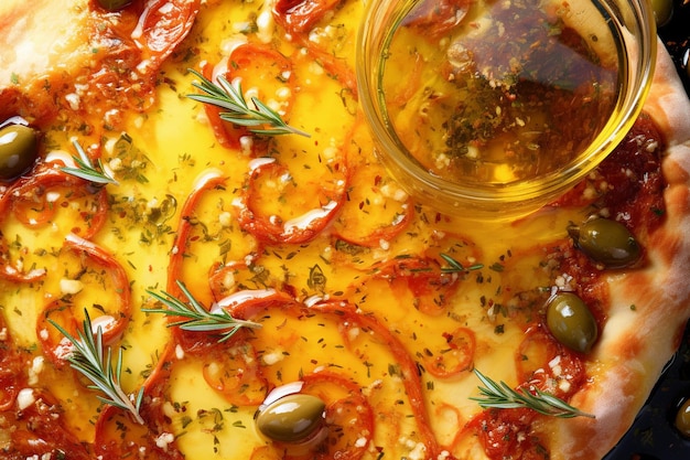 Foto close-up di una pizza che viene guarnita con prezzemolo fresco