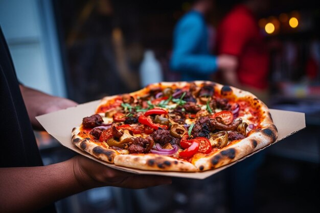 Closeup of a pizza being served at a restaurant