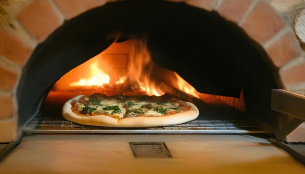 Близкий план приготовления пиццы в дровяной духовке с видимыми пламенами
