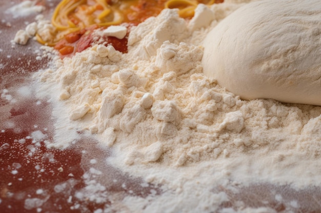 Closeup of pizza dough with flour and other ingredients visible created with generative ai