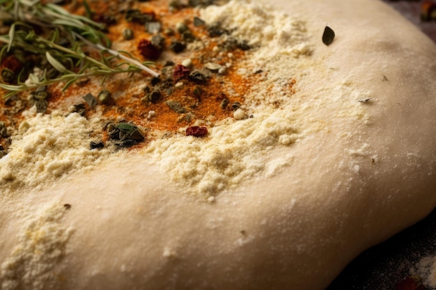 Closeup of pizza dough with a sprinkle of herbs and spices created with generative ai