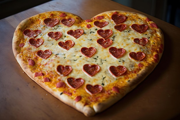 A closeup of a pizza heart shape with melted cheese and pepperoni showing off the delectable details