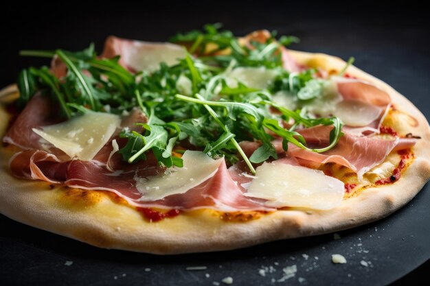 Closeup of a pizza with prosciutto arugula and shaved parmesan cheese on a slate board