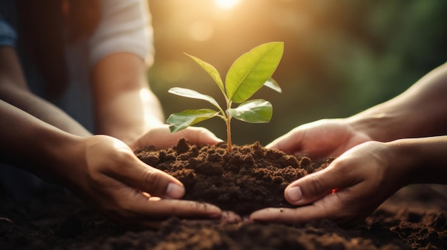 팀워크 지원 또는 환경을 위해 사업가들의 손에 있는 식물: 미래를 위해 사람과 토양에 투자하고 성장하는 협력
