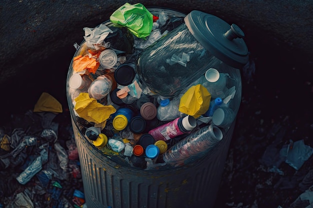 Photo closeup of plastic bottle garbage bin filled with refuse