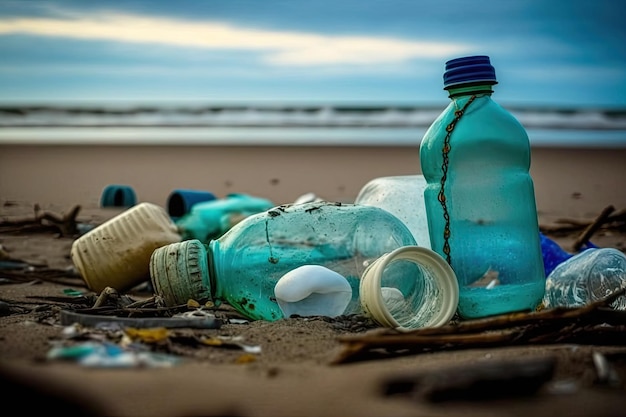 Closeup of plastic bottles and other garbage littering the beach