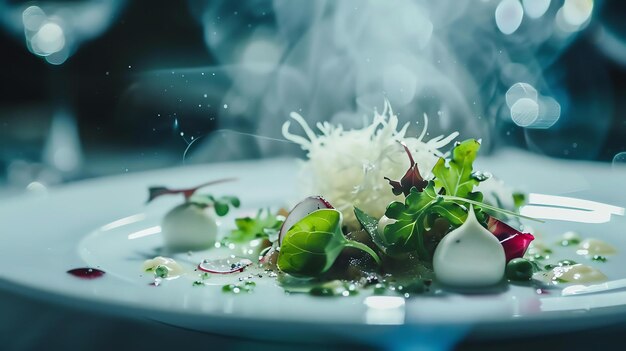 Photo closeup of a plate of beautifully arranged food the plate has a variety of greens radishes and other vegetables