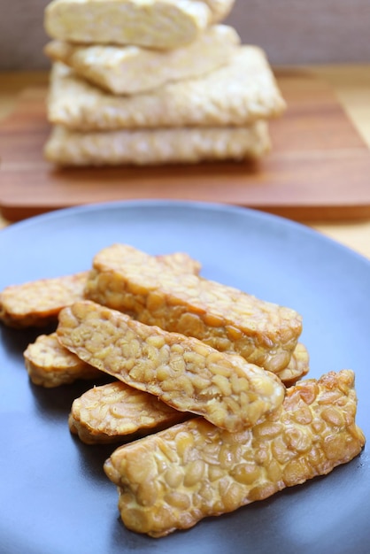 Closeup a plate of delectable roasted Tempeh  The good source of plant based protein