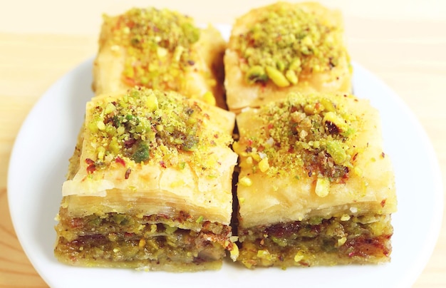 Closeup a Plate of Delectable Square Shaped Baklava Pastries