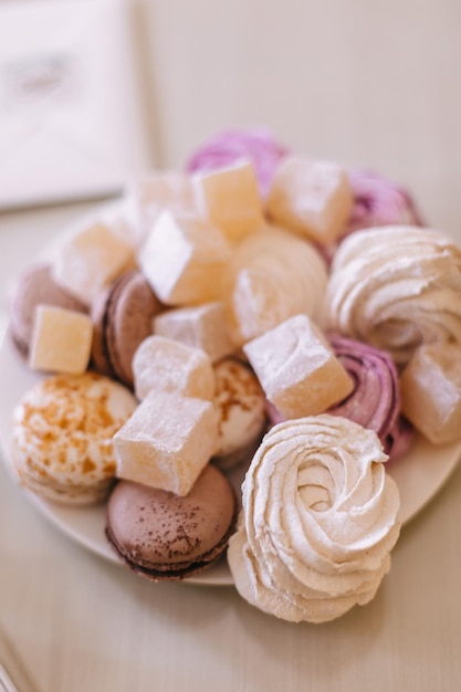 Closeup of a plate of different desserts in wedding day