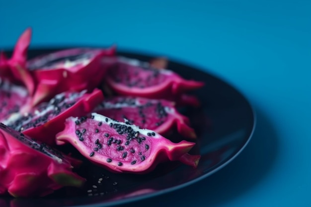 Closeup of a plate of dragon fruit slices on blue background