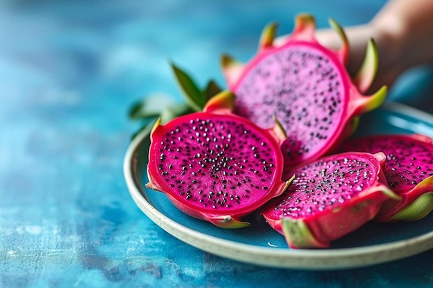 Photo closeup of a plate of dragon fruit slices on blue background