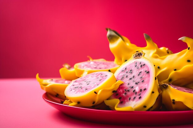 Closeup of a plate of dragon fruit slices on yellow background