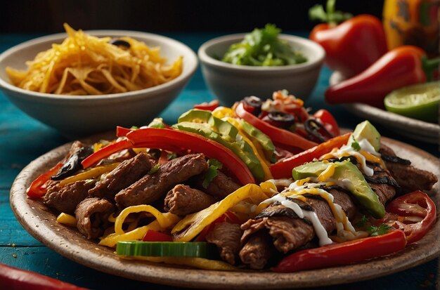 A closeup of a plate of fajitas with all the fixings