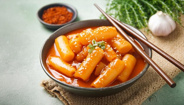Photo closeup plate of hot and spicy rice cake tteokbokki traditional korean food delicious dish