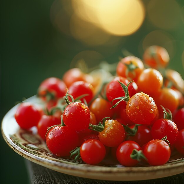 Closeup of a plate of ripe red and yellow cherry tomatoes with water drops