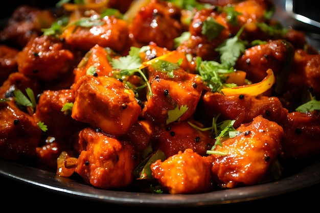 Photo closeup of a plate of spicy bhuna chicken