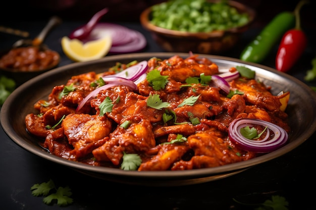 Photo closeup of a plate of spicy chicken jalfrezi