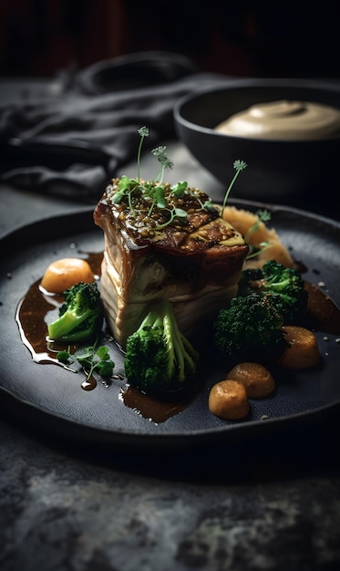 Closeup of a plate with beef tenderloin medallion food on the table AI generation