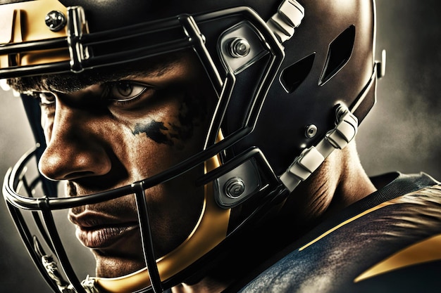 Крупный план лица игрока в американский футбол с защитным шлемом, генерирующим ИИ