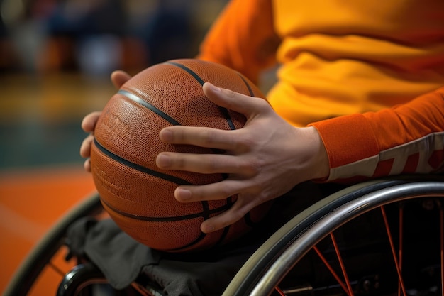 Photo closeup of a players hand on the wheel of a sports wheelchair