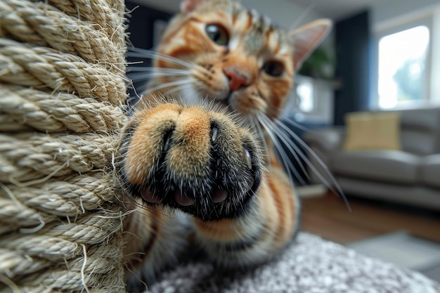 Photo closeup of a playful cat scratching a rope in a cozy living room capturing the feline39s curiosity and activity