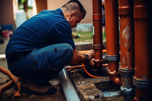 Photo closeup of a plumber repairing pipes in a building ai generated