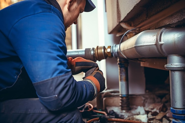 Closeup of a plumber repairing pipes in a building ai generated