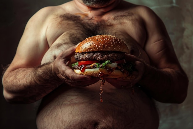 Closeup of a plump man holding a juicy oversized burger with toppings oozing