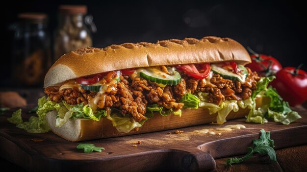 Closeup Po Boy Sandwiches on wooden table with vegetable toppings and blur background