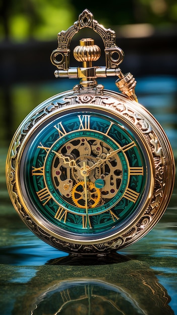 Foto closeup di un orologio da tasca sul tavolo