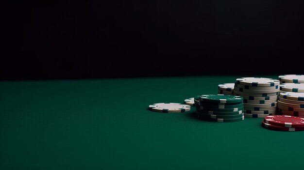 Closeup of poker chips on green felt card table Illustration AI Generative