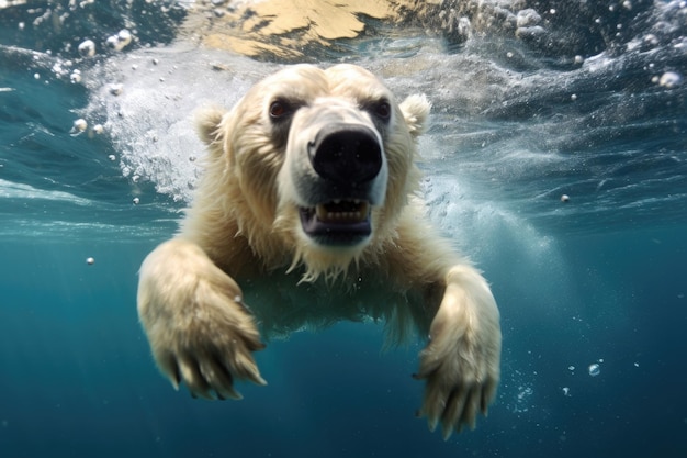 Closeup of a polar bear diving into freezing sea