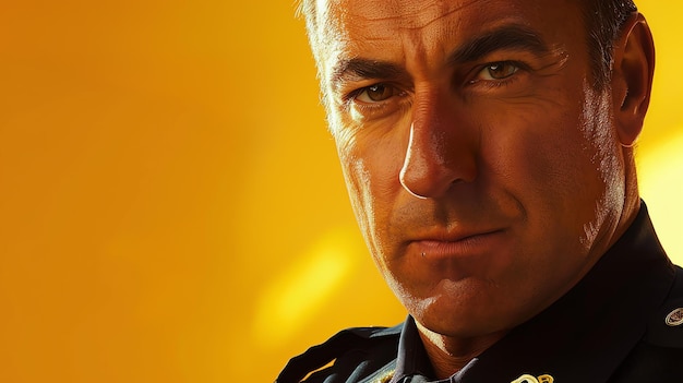 A closeup of a police officers face He is looking at the camera with a serious expression