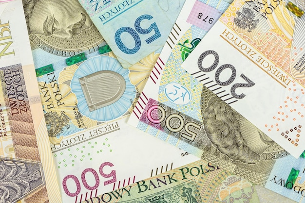 Photo closeup of polish zloty banknotes