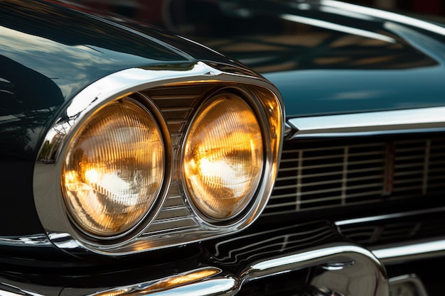 Closeup of polished classic car headlights