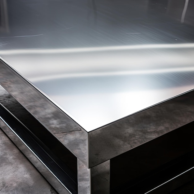 A closeup of a polished steel table